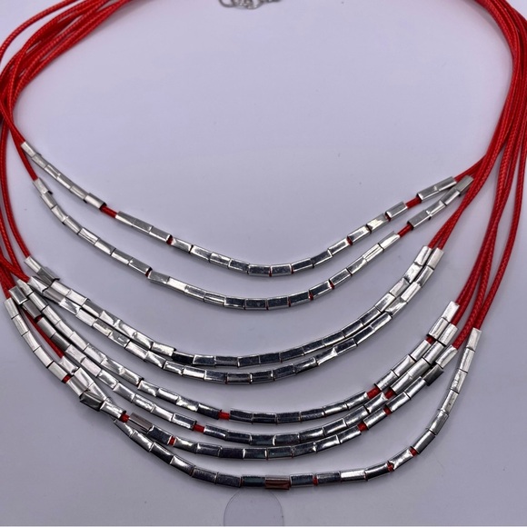 Multi-strand Silver Tone Beaded Red Rope Necklace - Picture 2 of 4